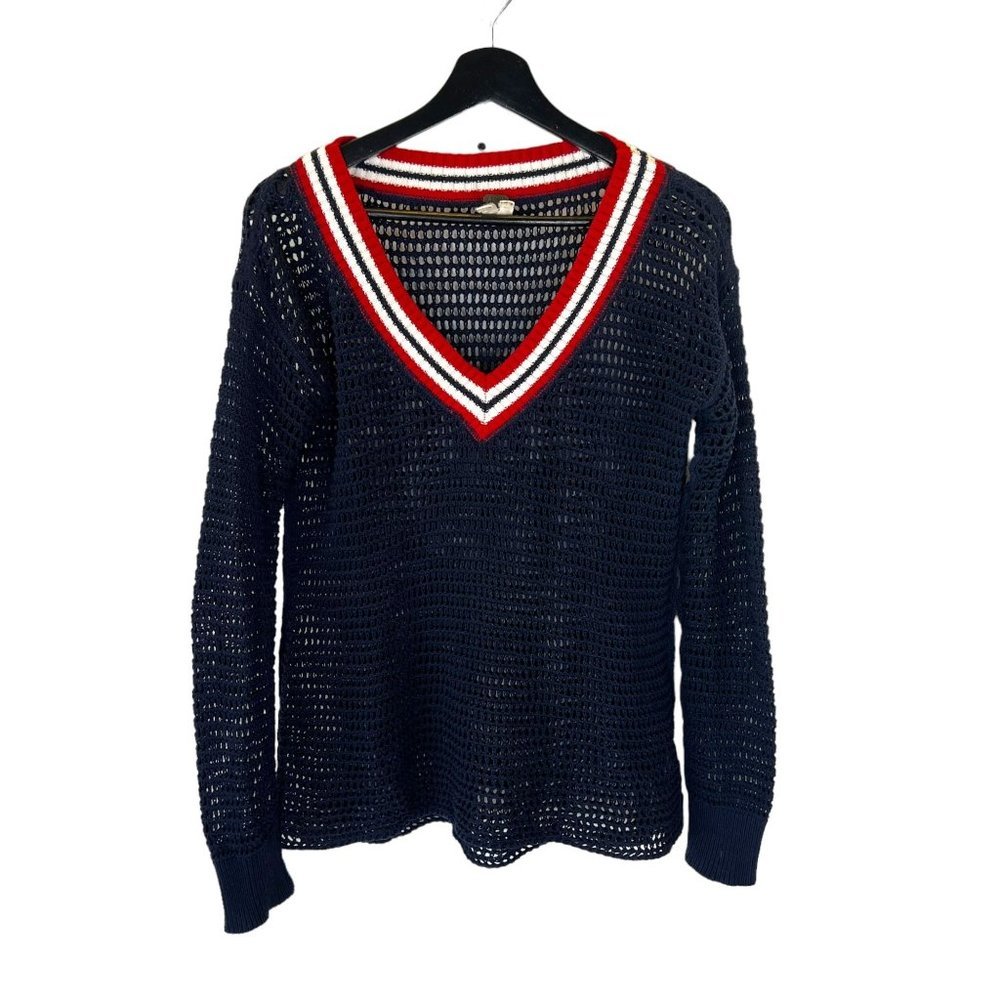 We The Free Navy Blue Net Loose Knit V Neck Preppy Long Sleeve Sweater Small - Picture 1 of 7